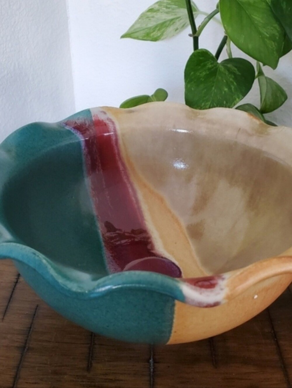 Vintage Walt Glass Studio Pottery Texas Sunset Ruffled Bowl & Spoon Rest Tray - Picture 6 of 12